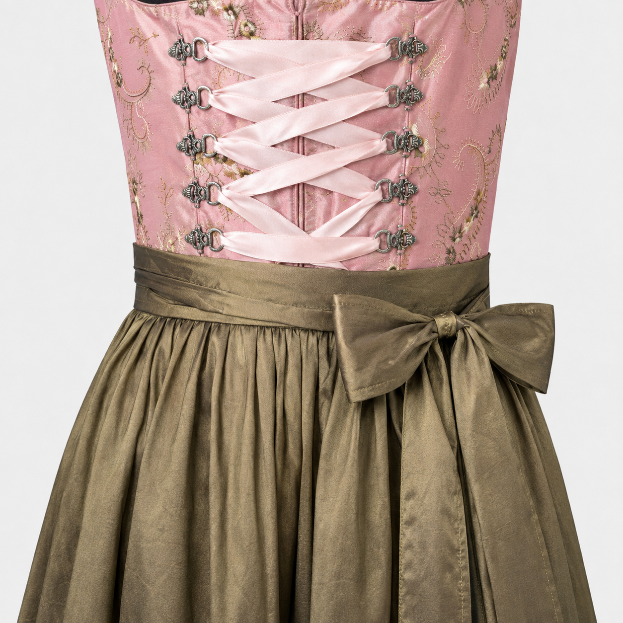 Detail of Berwin & Wolff Unique Dirndl showing pink embroidered bodice, satin ribbon lacing, metal hooks and olive apron bow