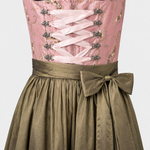 Detail of Berwin & Wolff Unique Dirndl showing pink embroidered bodice, satin ribbon lacing, metal hooks and olive apron bow