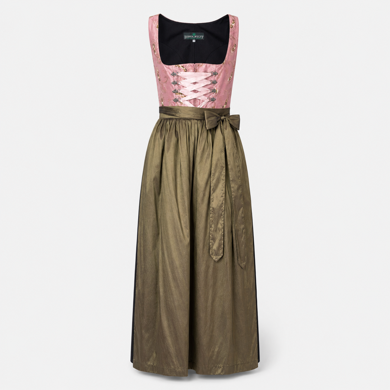 Front view of Berwin & Wolff Unique Dirndl with pink embroidered bodice, ribbon lacing and olive apron for Oktoberfest rental in Munich