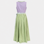 Back view of Berwin & Wolff Vintage Lavendel Dirndl with lavender bodice, sage green skirt and floral apron ties