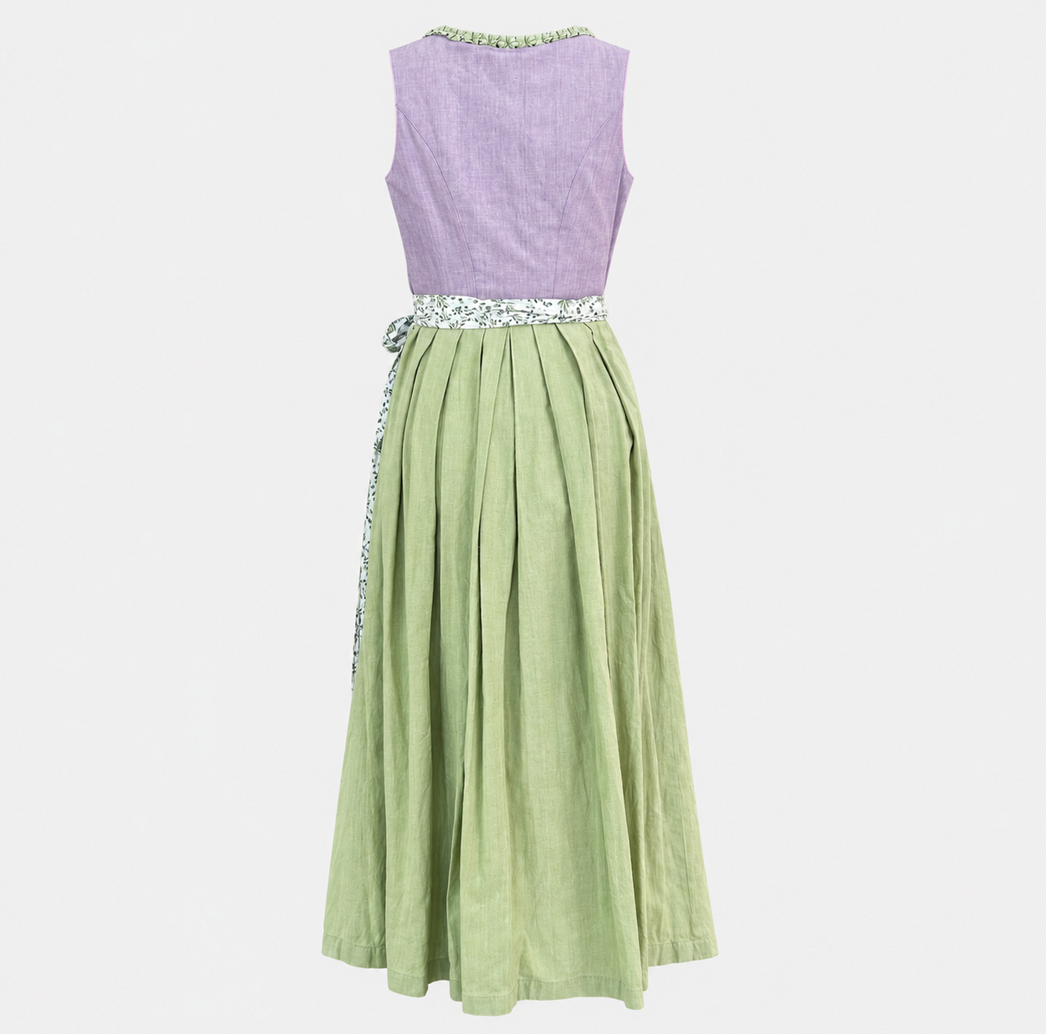 Back view of Berwin & Wolff Vintage Lavendel Dirndl with lavender bodice, sage green skirt and floral apron ties
