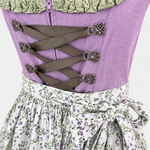 Detail of lavender Berwin & Wolff bodice with ribbon lacing, decorative metal hooks, front zip and sage green neckline trim