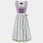 Front view of Berwin & Wolff lavender and sage green Dirndl with floral apron for Oktoberfest rental in Munich