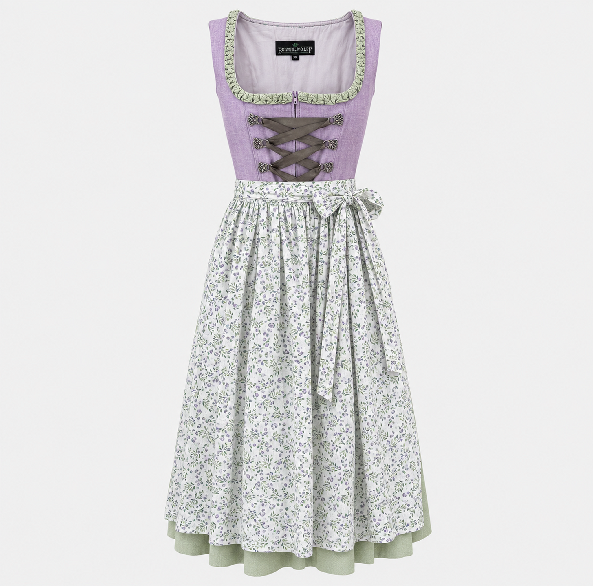 Front view of Berwin & Wolff lavender and sage green Dirndl with floral apron for Oktoberfest rental in Munich