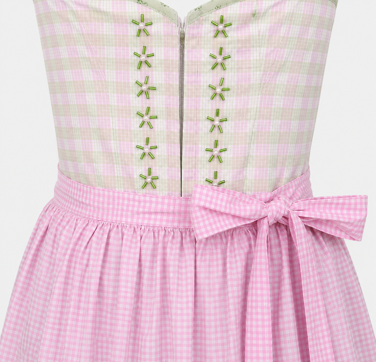 Detail of Berwin & Wolff Vintage pink and green Dirndl with checked bodice, decorative bead details and pink apron bow