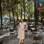 Munich Oktoberfest-ready: Berwin & Wolff dirndl rental with square neckline, floral bodice, button closure, and 70 cm pink cotton skirt.
