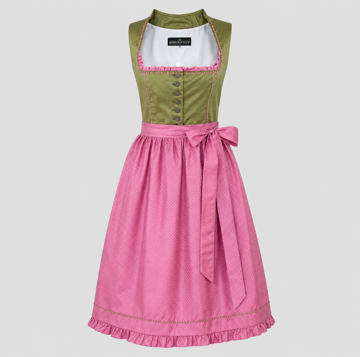 Pink and olive green Berwin & Wolff Dirndl for Oktoberfest Dirndl rental in Munich