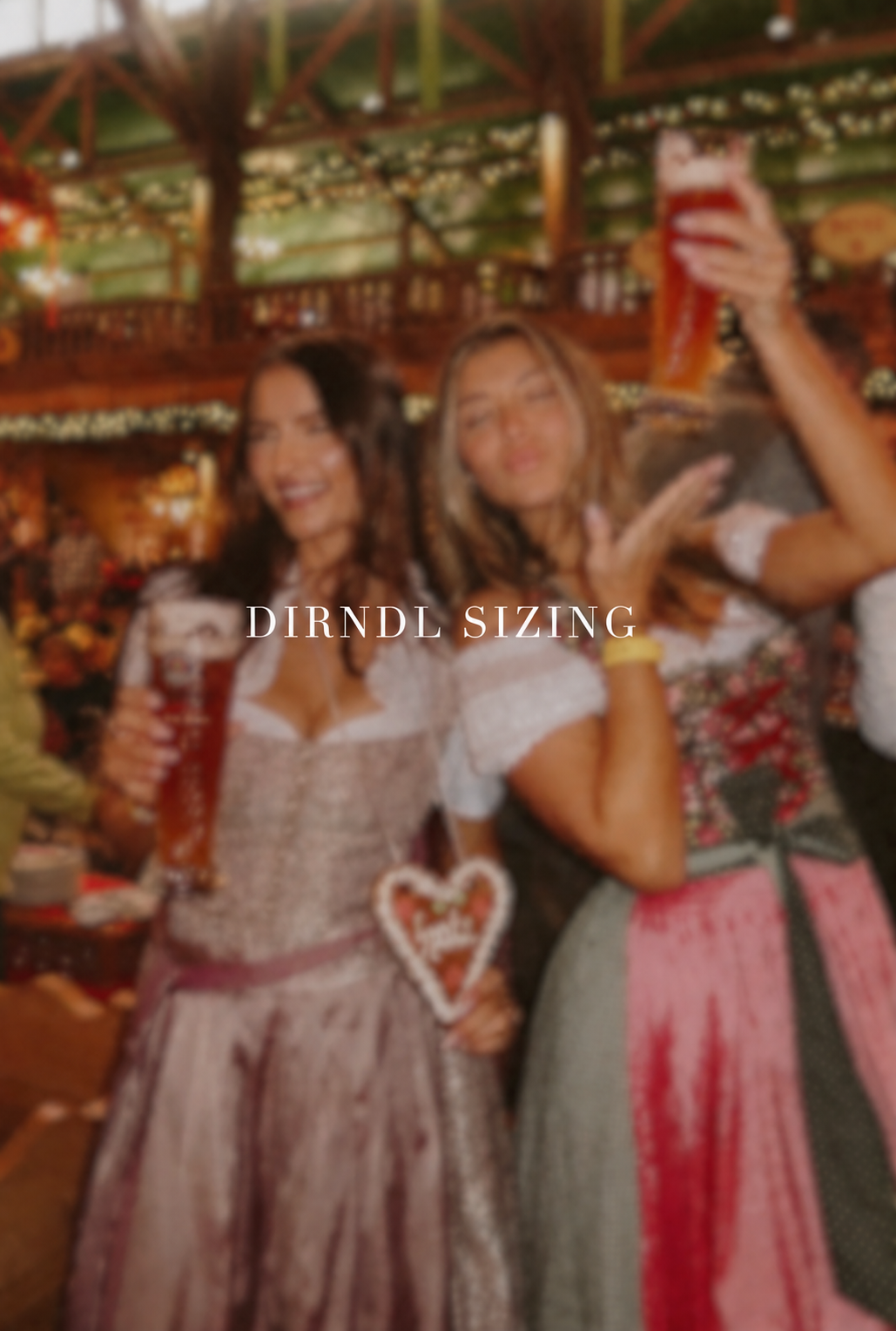 Two women in traditional German Dirndl dresses taking a selfie in an Oktoberfest Tent. The dress on the left is a dusty mauve-brown, and the dress on the right is pink and gray with floral embroidery.