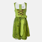 Lime-green Bavarian rental dirndl with colorful lace-up bodice and embroidered apron, available at Versatile OTM in Munich, owned by Beer&Pretzel Tours.