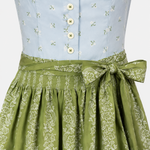 Detail of Hammerschmid Cutie Dirndl with light blue floral bodice, decorative buttons and green patterned apron bow