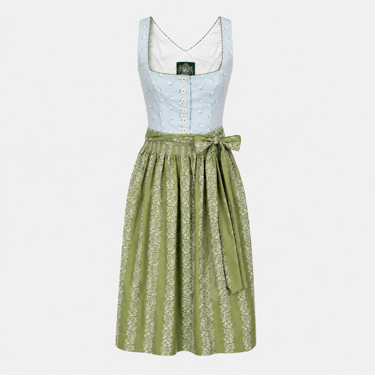 Hammerschmid Cutie light blue and green Dirndl with floral bodice and green apron for Oktoberfest rental in Munich