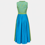 Back view of Hammerschmid green and turquoise Dirndl with floral bodice and pleated turquoise skirt