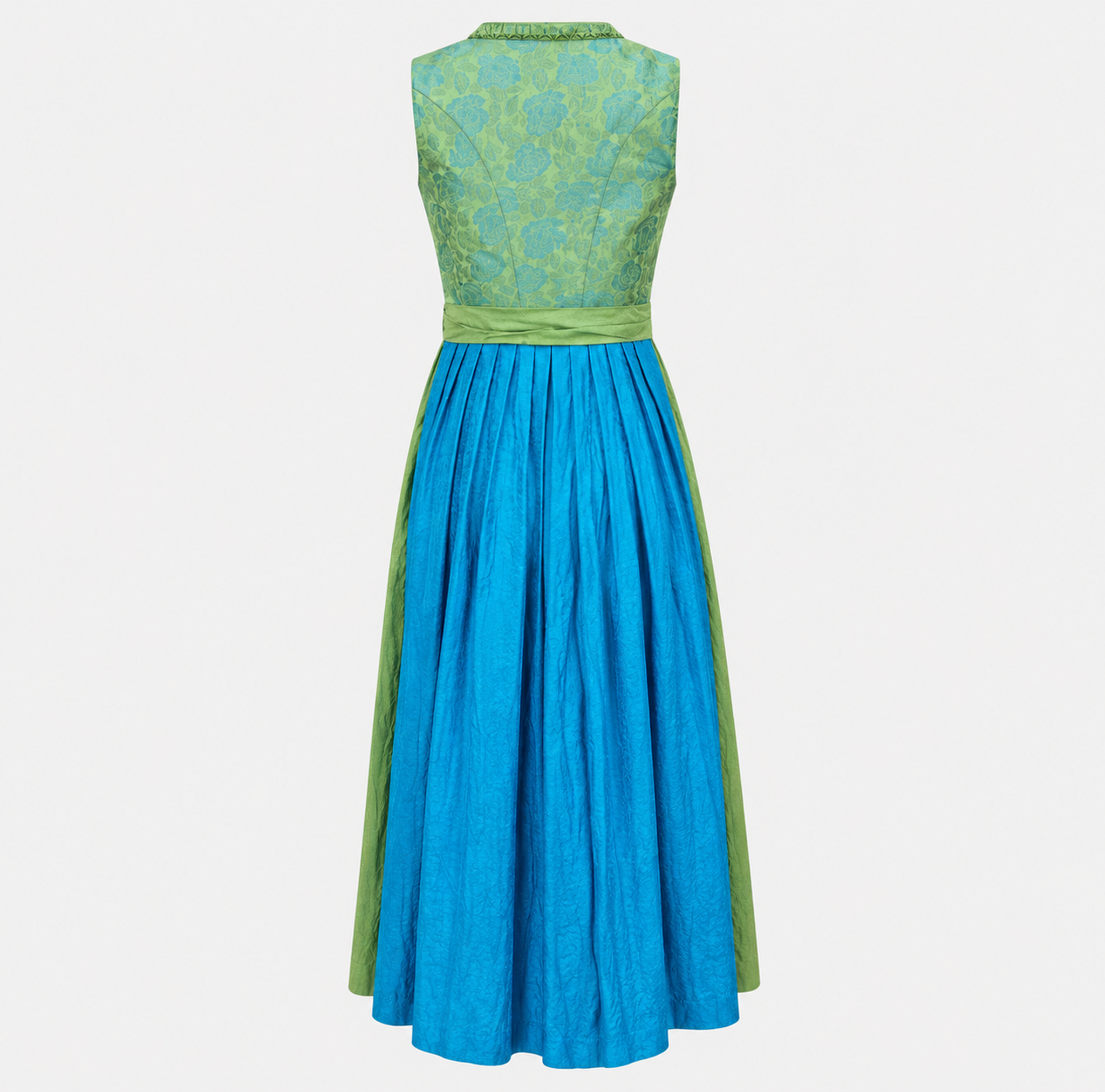 Back view of Hammerschmid green and turquoise Dirndl with floral bodice and pleated turquoise skirt