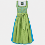 Front view of Hammerschmid green and turquoise Dirndl with floral bodice and green apron for rental in Munich