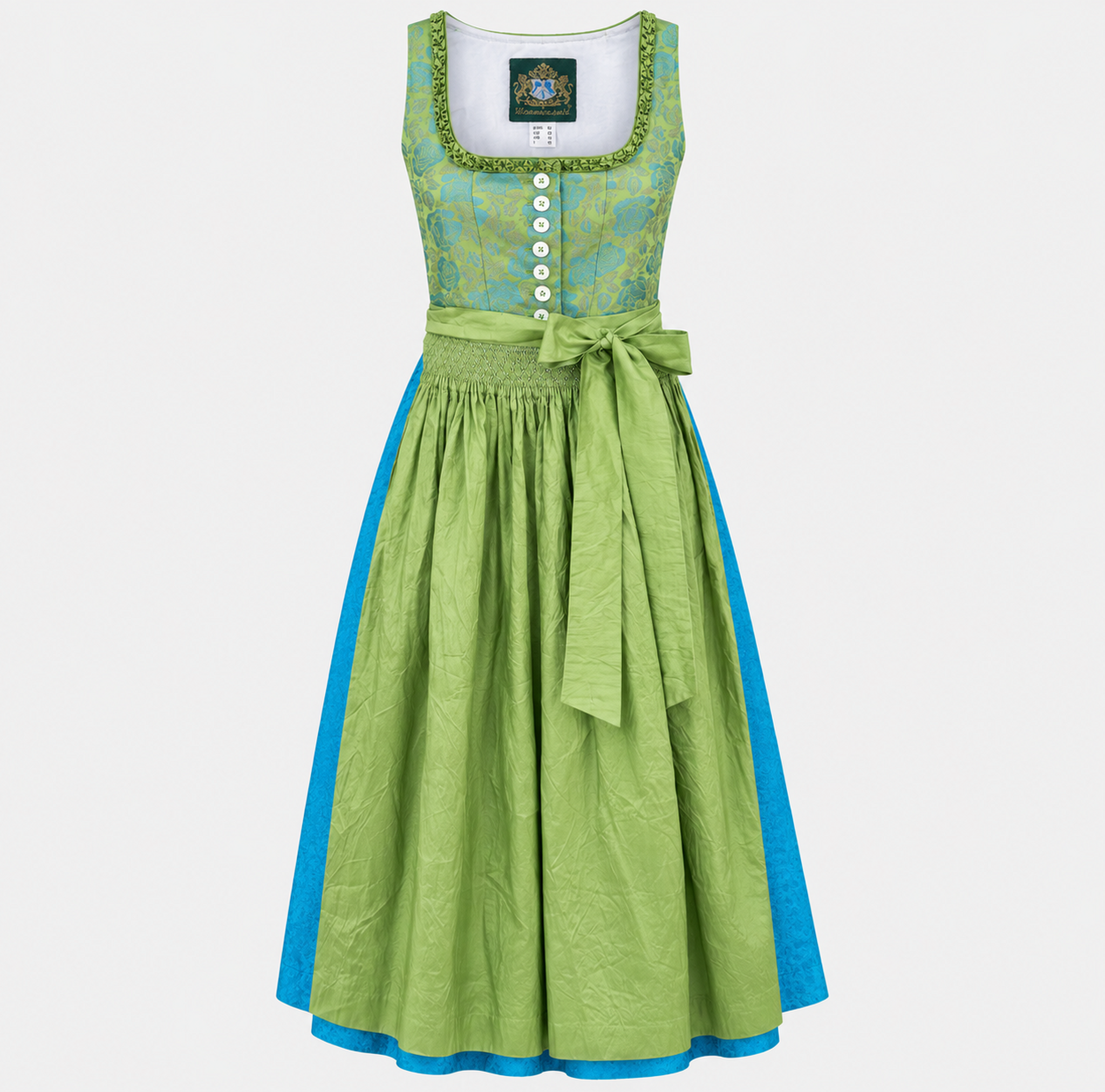 Front view of Hammerschmid green and turquoise Dirndl with floral bodice and green apron for rental in Munich