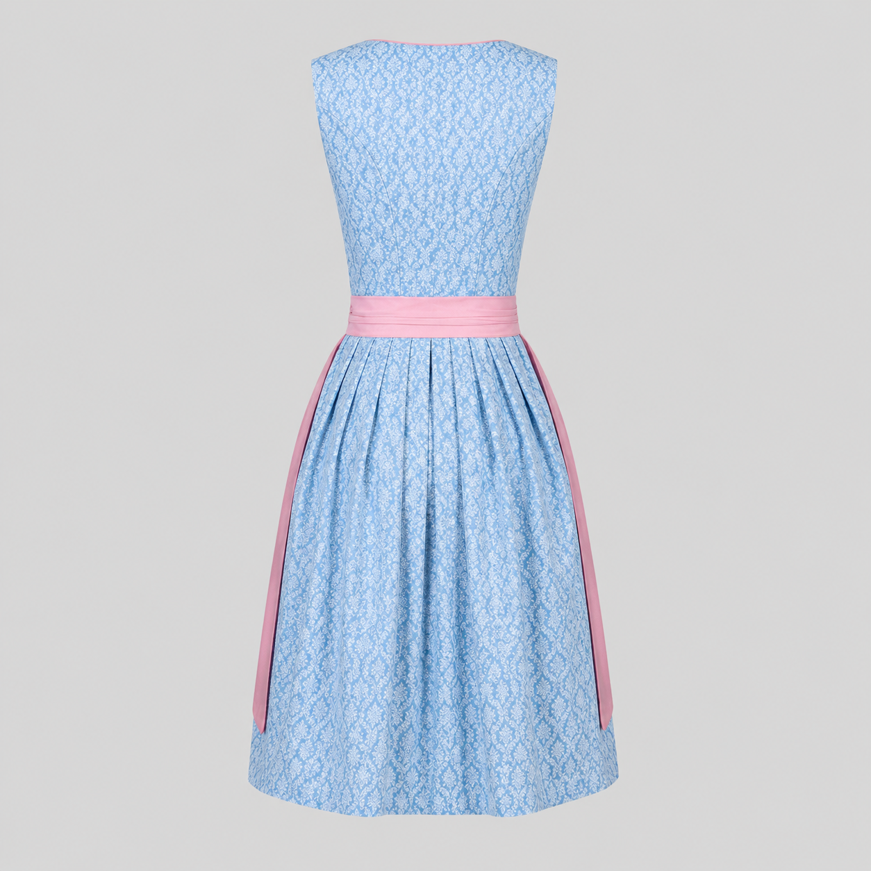 Back view of blue and pink Heimatgwand Dirndl for Oktoberfest rental in Munich