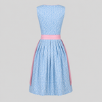 Back view of blue and pink Heimatgwand Dirndl for Oktoberfest rental in Munich