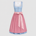 Blue and pink Heimatgwand Dirndl with floral bodice and pink apron for Oktoberfest rental in Munich
