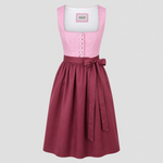 Pink and burgundy Heimatgwand Dirndl with button bodice and matching apron for Oktoberfest rental in Munich