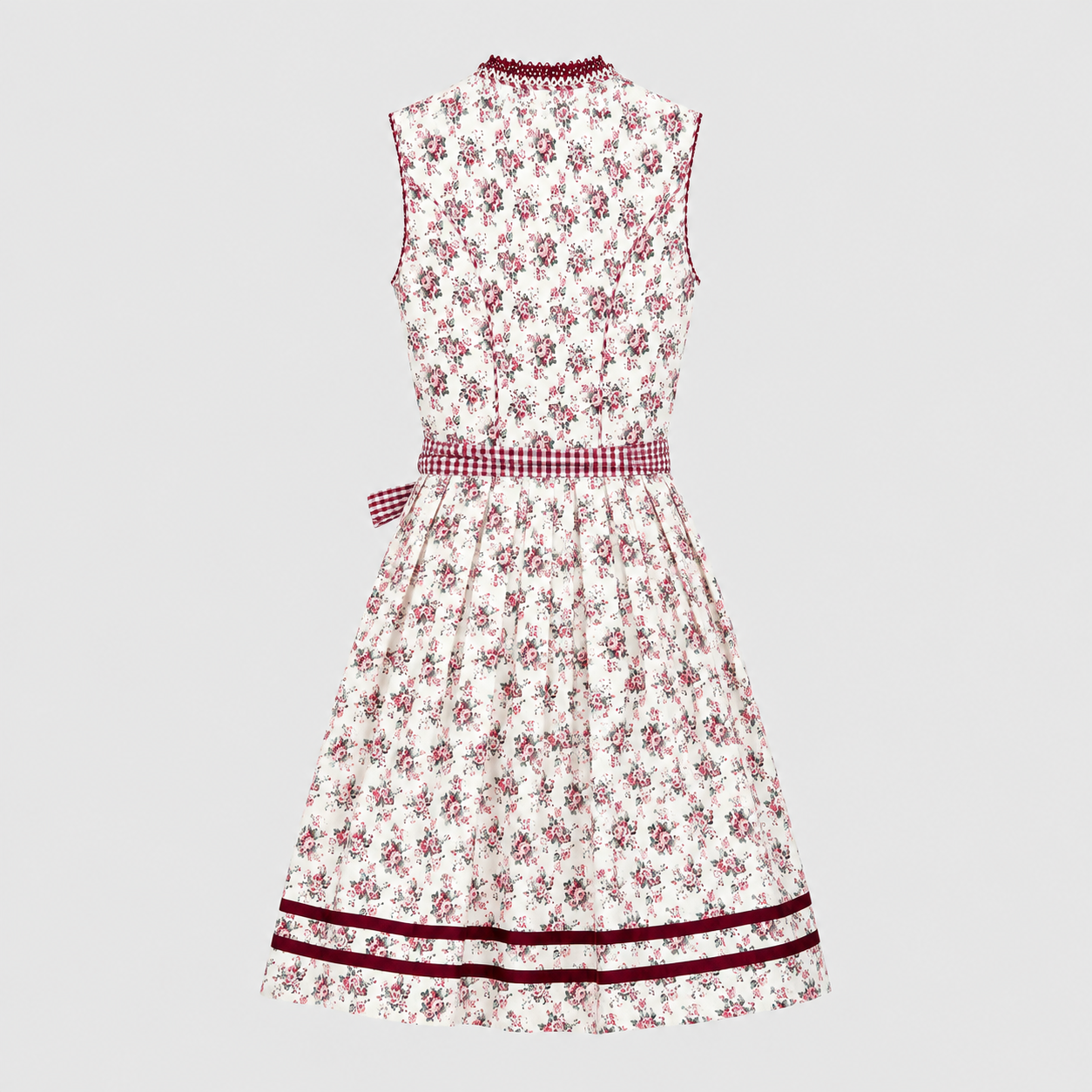 Back view of burgundy and white Krüger Dirndl with matching apron for Oktoberfest rental in Munich