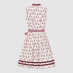 Back view of burgundy and white Krüger Dirndl with matching apron for Oktoberfest rental in Munich