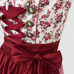 Detail of burgundy and white Krüger Dirndl bodice with traditional front lacing for Oktoberfest