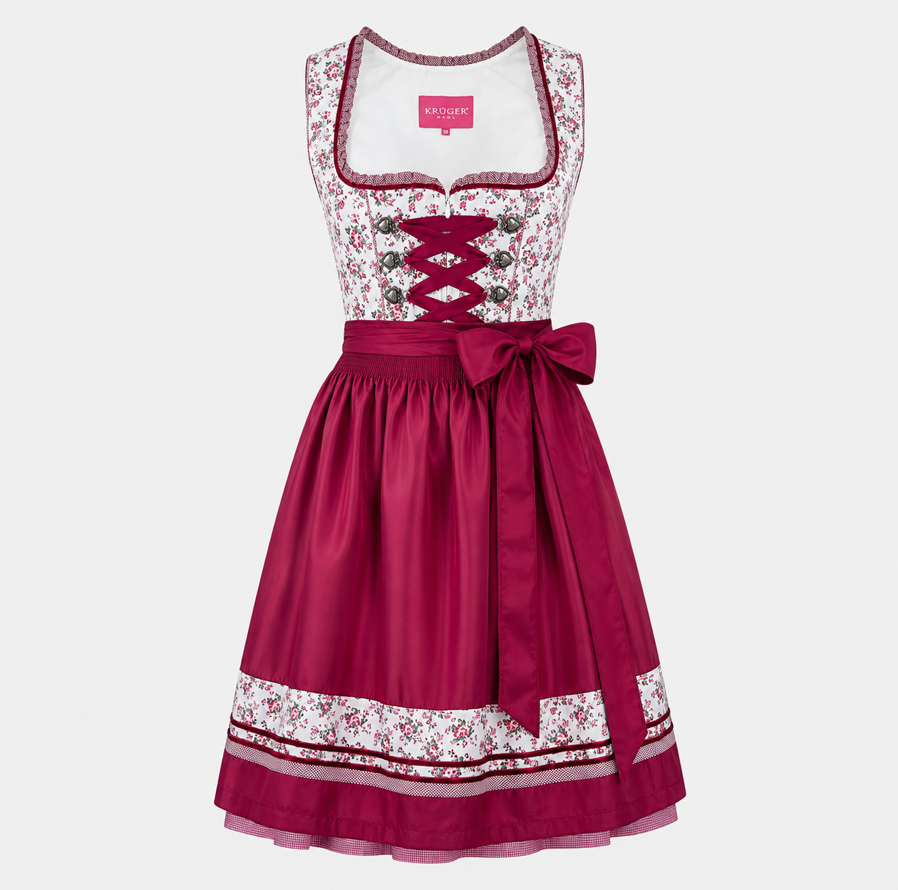 Burgundy and white Krüger Dirndl with lace-up bodice and matching apron for Oktoberfest rental in Munich