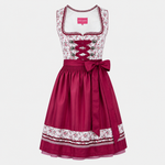 Burgundy and white Krüger Dirndl with lace-up bodice and matching apron for Oktoberfest rental in Munich