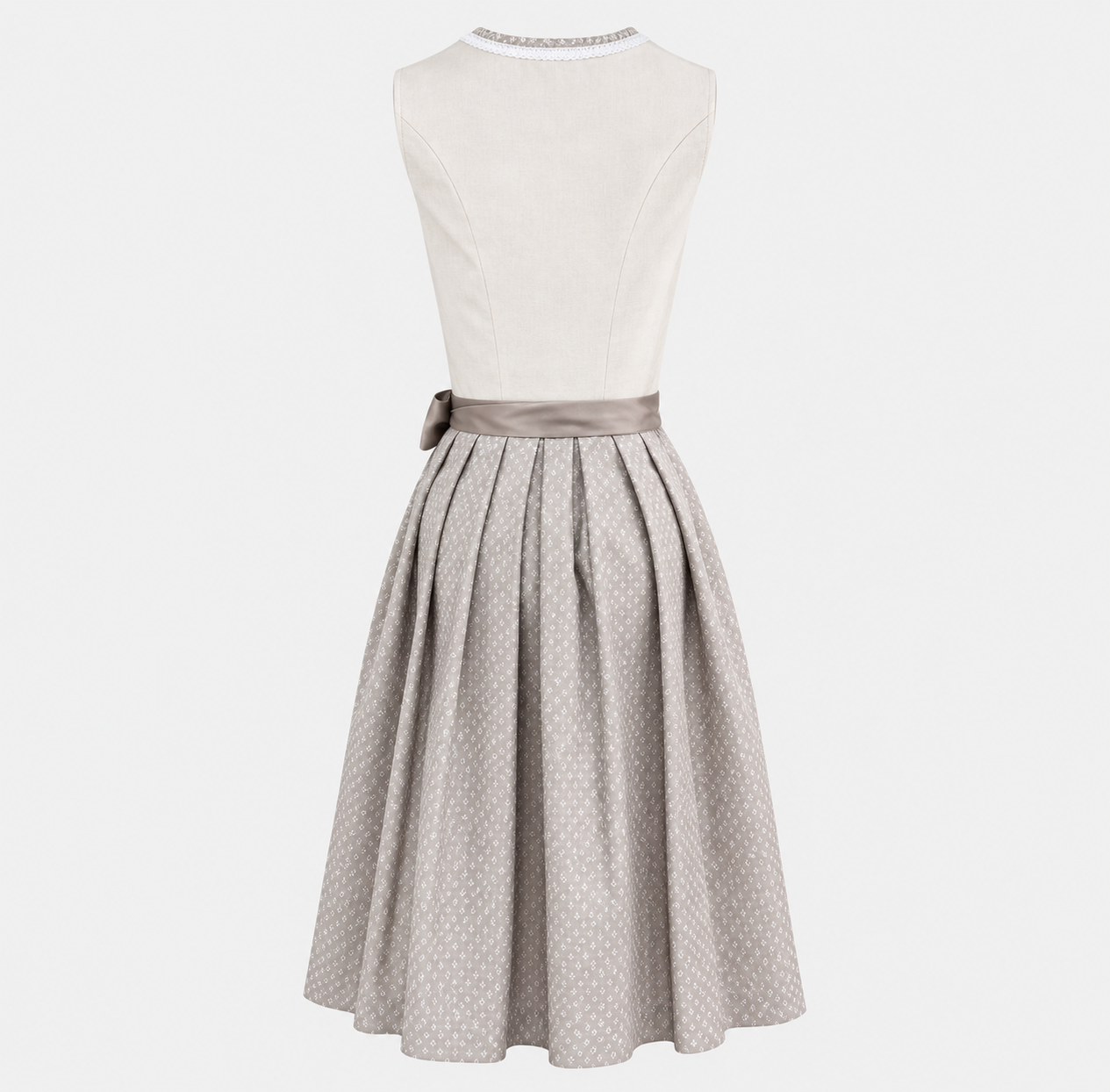 Back view of Krüger gold Dirndl with cream bodice, taupe patterned skirt and matching waist sash