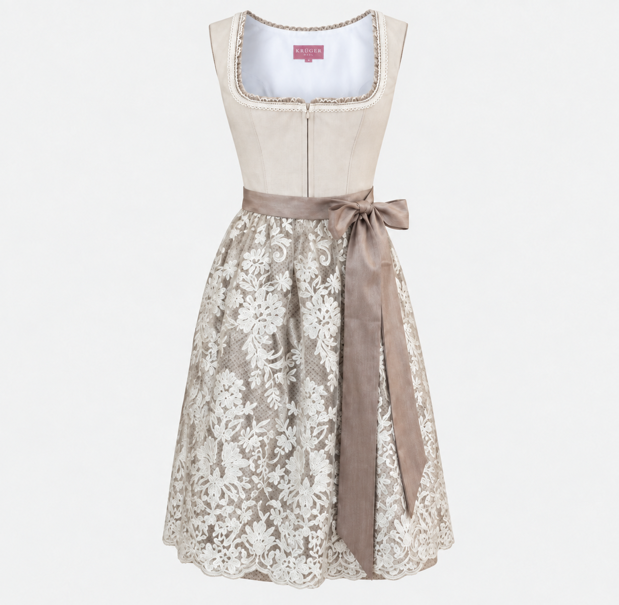 Front view of Krüger gold Dirndl with cream bodice, ivory floral lace apron and taupe bow for rental in Munich