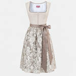 Front view of Krüger gold Dirndl with cream bodice, ivory floral lace apron and taupe bow for rental in Munich