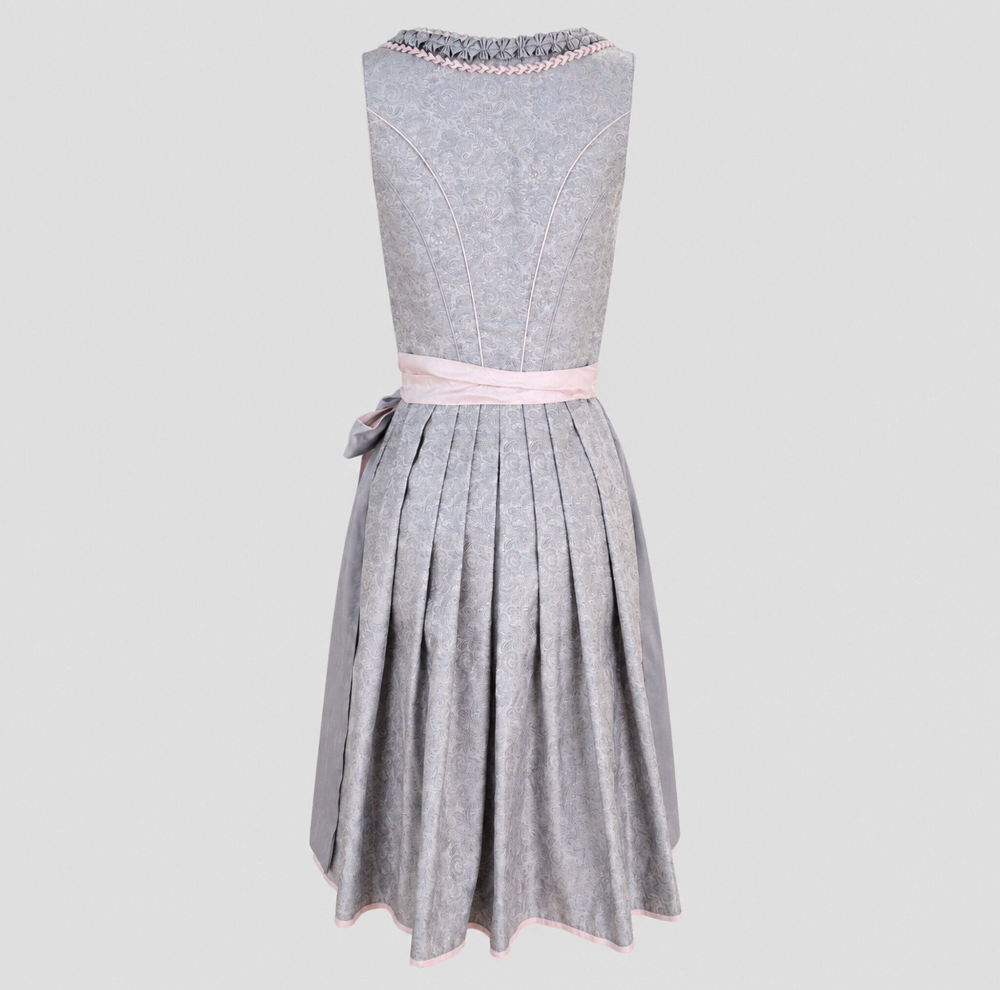 Back view of grey and pink Krüger Dirndl with patterned bodice and pleated skirt for Oktoberfest in Munich