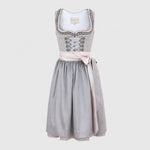 Grey and pink Krüger Dirndl with ribbon-laced bodice and pink apron for Oktoberfest rental in Munich
