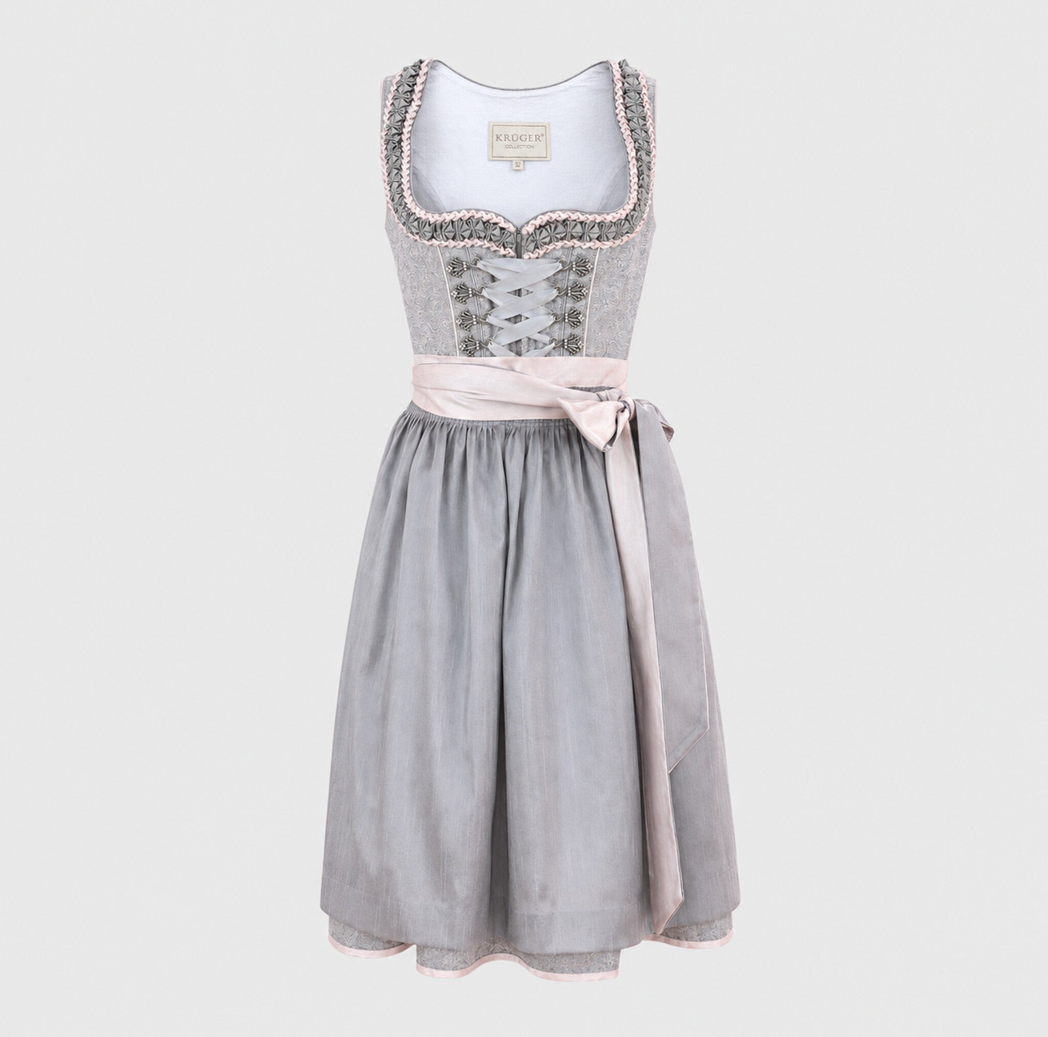 Grey and pink Krüger Dirndl with ribbon-laced bodice and pink apron for Oktoberfest rental in Munich