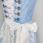 Detail of light blue Krüger Dirndl bodice with front lacing and traditional trim for Oktoberfest