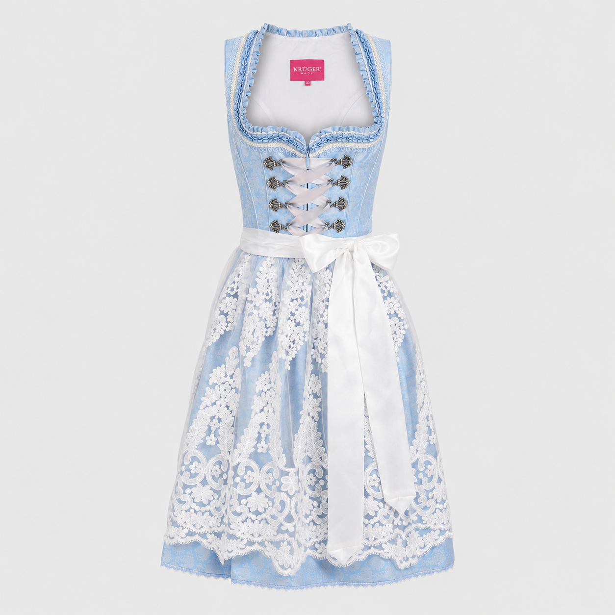 Light blue and white Krüger Dirndl with lace-up bodice and white apron for Oktoberfest rental in Munich
