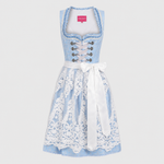 Light blue and white Krüger Dirndl with lace-up bodice and white apron for Oktoberfest rental in Munich