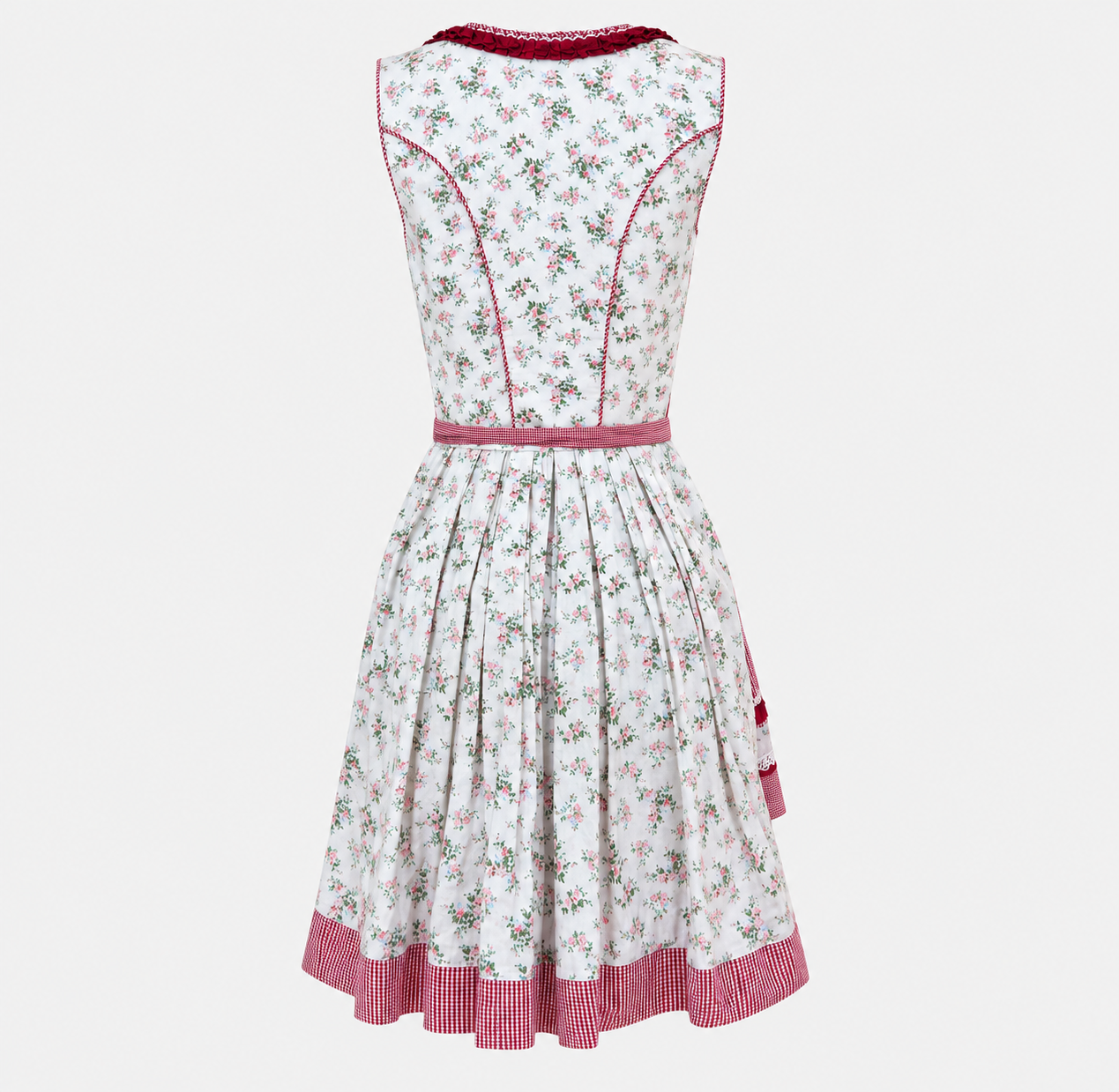 Back view of Krüger Madl floral Dirndl with pink rose pattern, bordeaux piping and gingham skirt trim