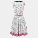 Back view of Krüger Madl floral Dirndl with pink rose pattern, bordeaux piping and gingham skirt trim