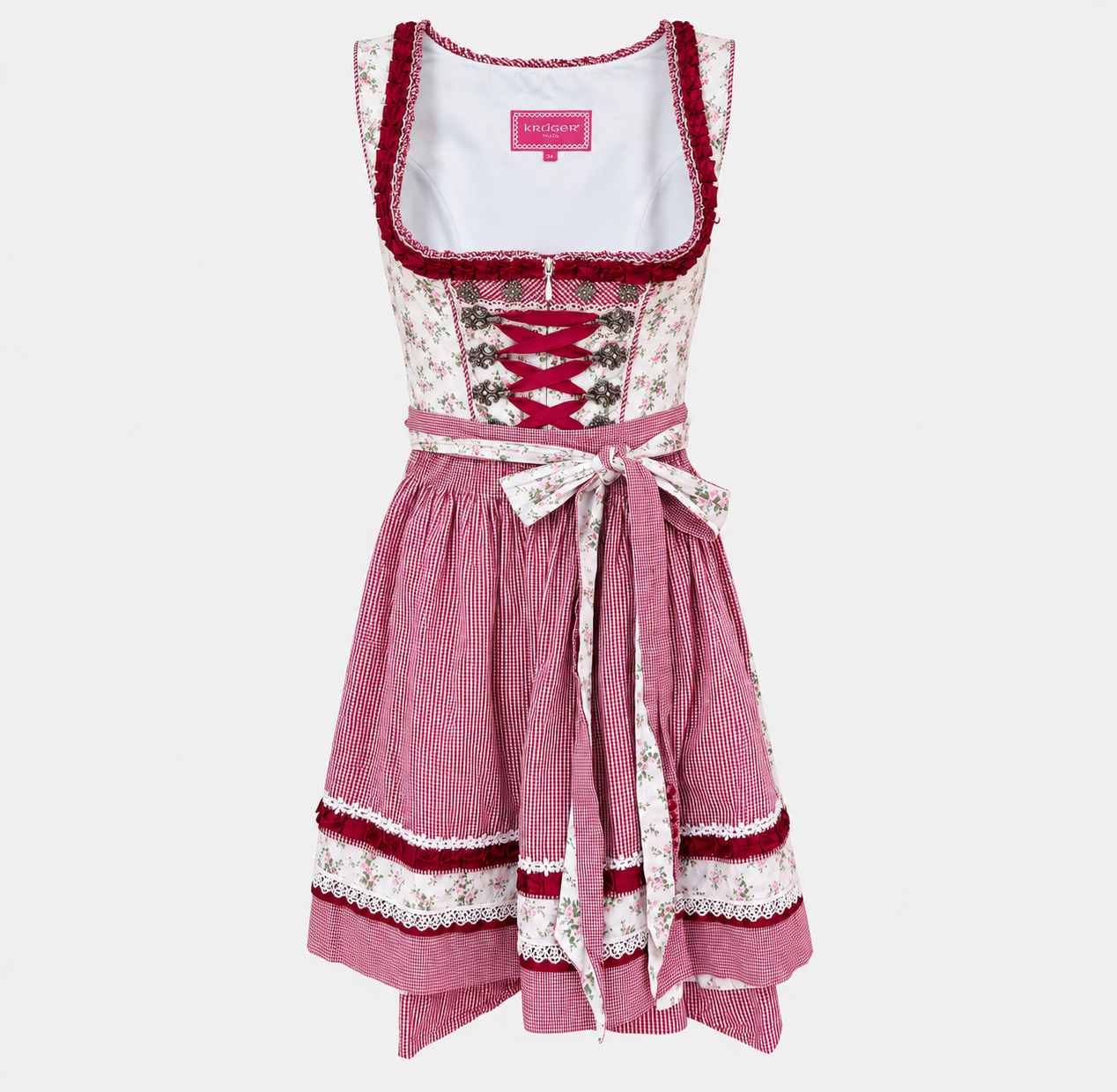 Front view of Krüger Madl floral Dirndl with bordeaux gingham apron and ribbon lacing for Oktoberfest rental in Munich