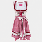 Front view of Krüger Madl floral Dirndl with bordeaux gingham apron and ribbon lacing for Oktoberfest rental in Munich