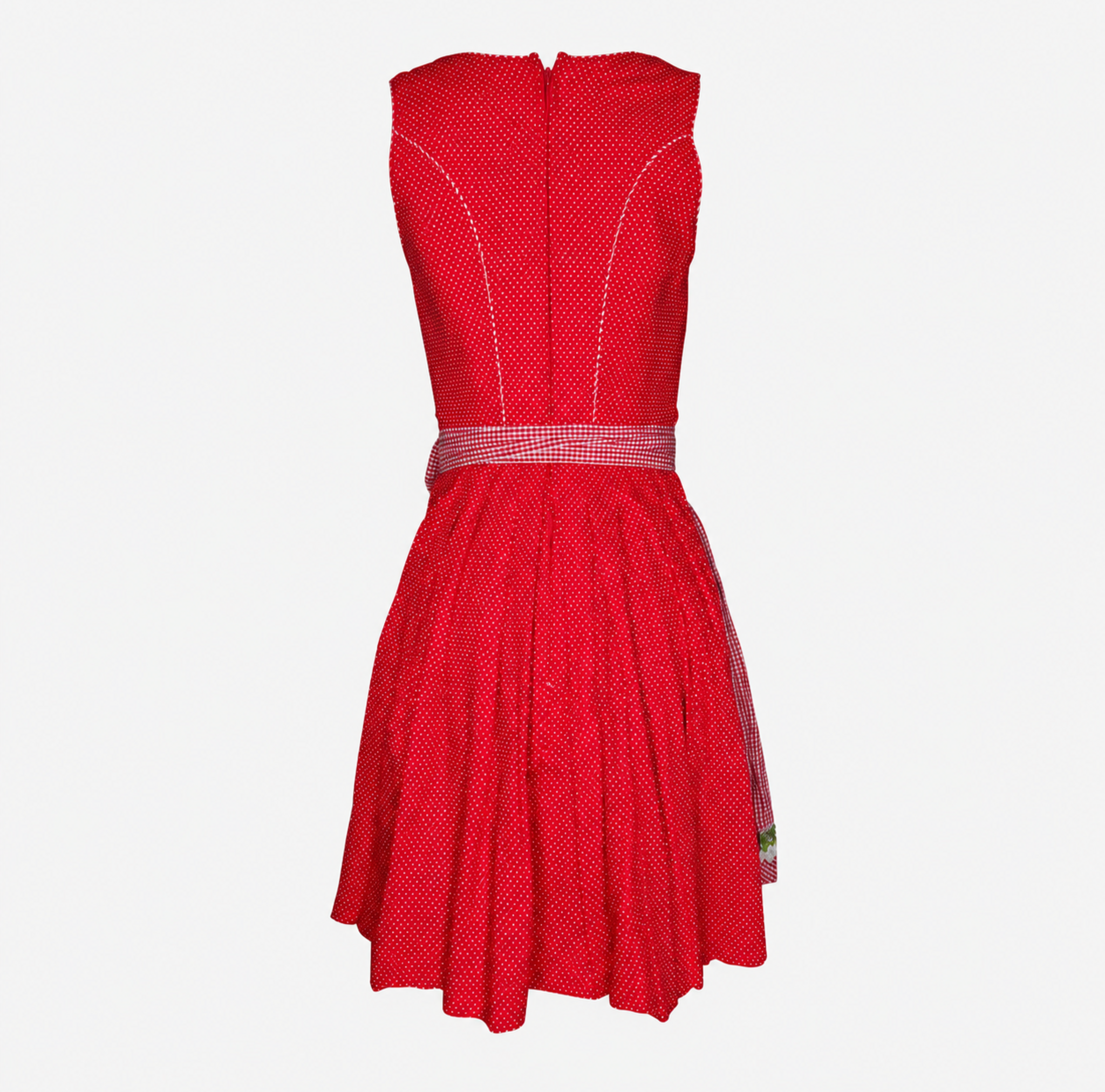 Back view of Krüger Mini Red Dirndl with white polka dots, back zip and red gingham apron ties