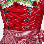 Detail of Krüger red Dirndl with ribbon lacing, floral hooks, gingham trim, white lace and small rose decorations