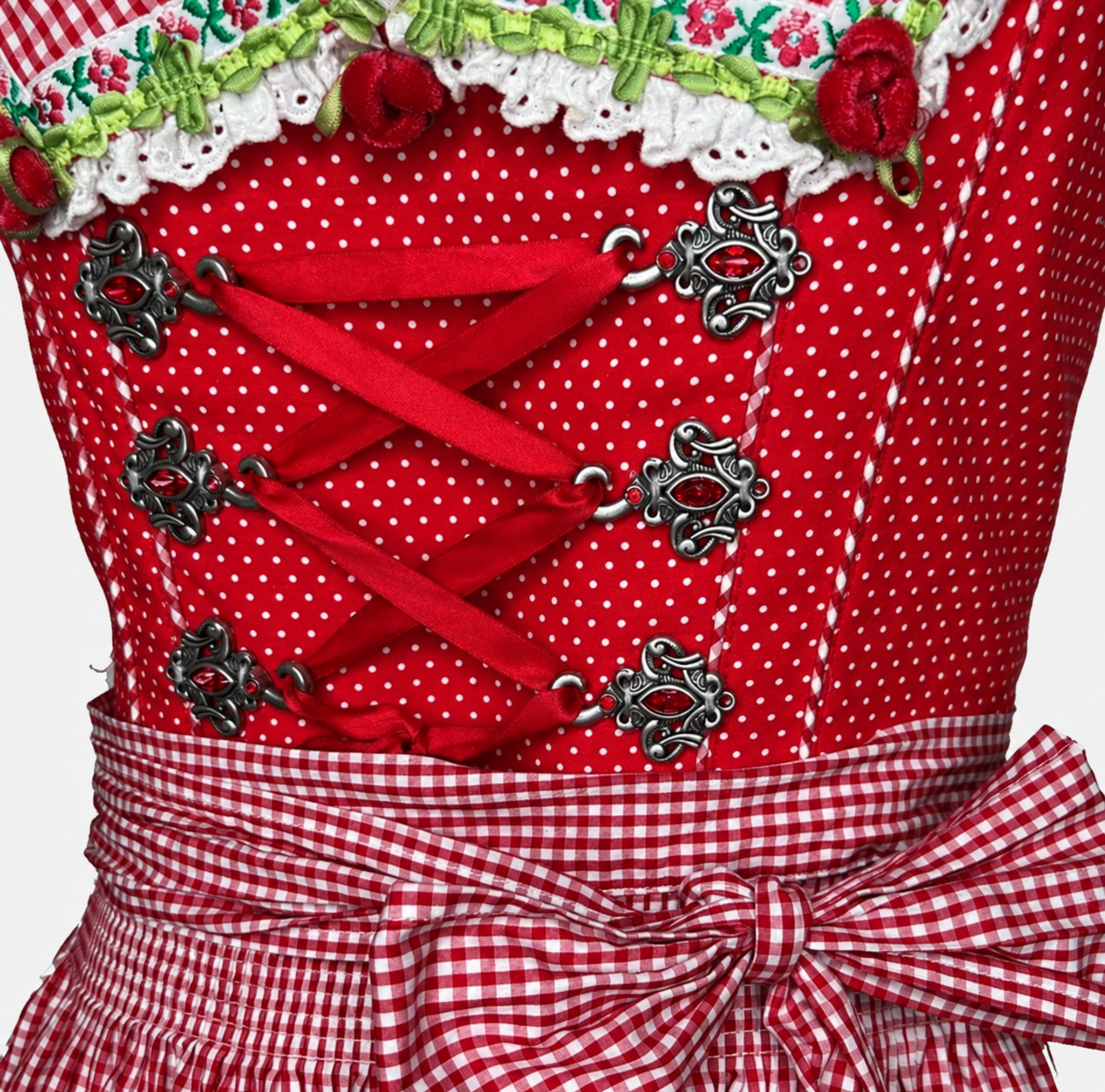 Detail of Krüger red Dirndl with ribbon lacing, floral hooks, gingham trim, white lace and small rose decorations