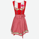 Front view of Krüger Mini Red Dirndl with white polka dots and red gingham apron for Oktoberfest rental in Munich