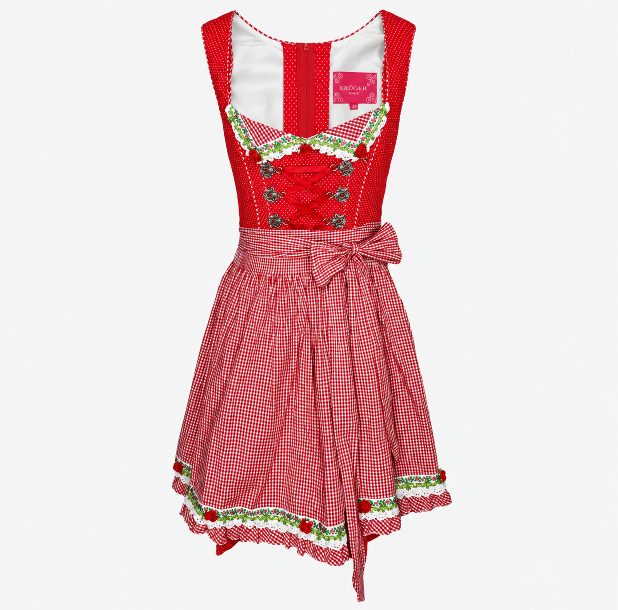 Front view of Krüger Mini Red Dirndl with white polka dots and red gingham apron for Oktoberfest rental in Munich