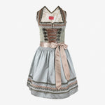 Front view of Krüger olive green Dirndl with patterned grey apron, taupe ribbon lacing and matching waist bow