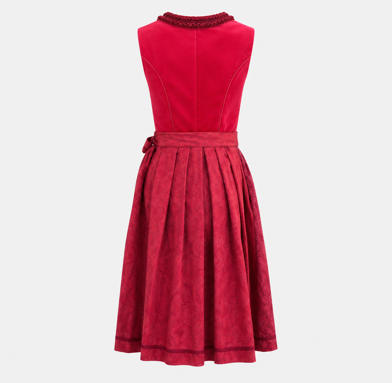 Back view of Krüger Ruby Lace Dirndl with red bodice, paisley patterned skirt and matching waist sash