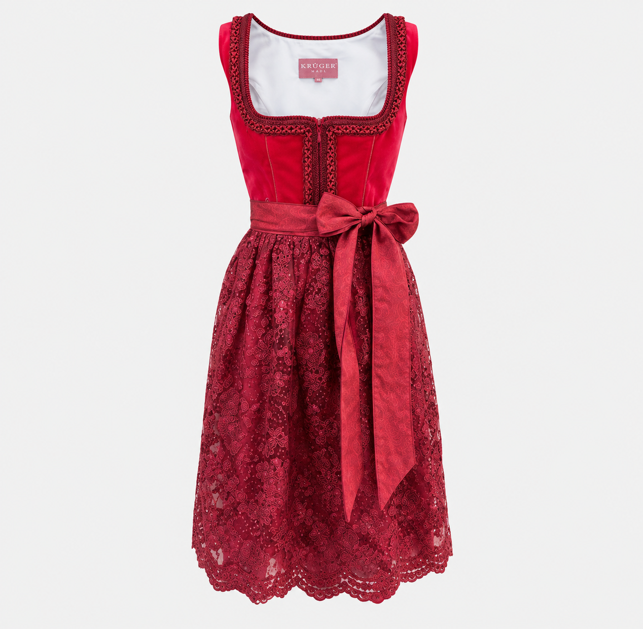 Front view of Krüger Ruby Lace red Dirndl with floral lace apron and paisley waist bow for Oktoberfest rental in Munich