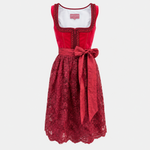 Front view of Krüger Ruby Lace red Dirndl with floral lace apron and paisley waist bow for Oktoberfest rental in Munich